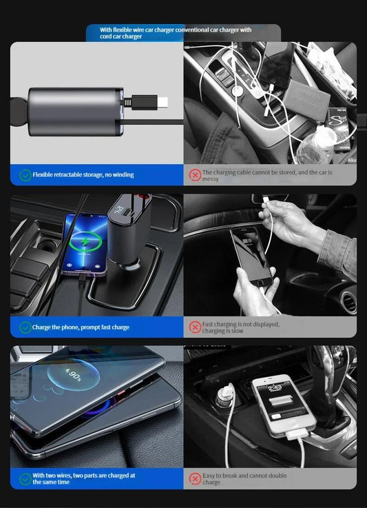 120/66w Retractable Car Charger Mobile Phone USB PD Type C Cable / For iPhone Fast Charge Cord Cigarette Lighter QC Adapter