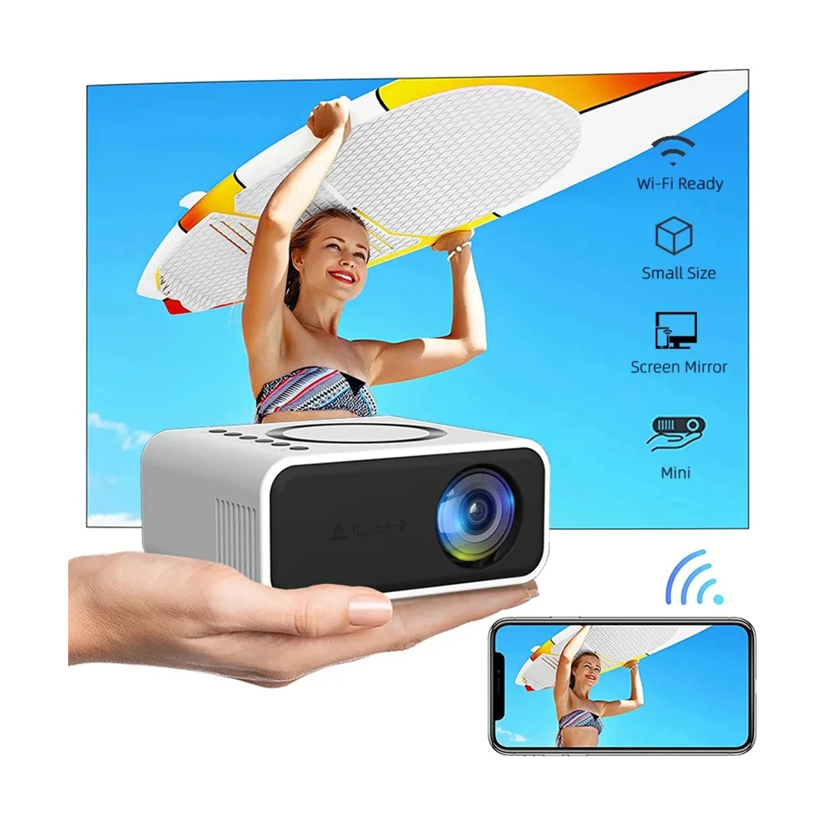 WiFi Mini Projector YT300 LED Projector 320X240 Portable Home Theater USB Wireless Sync Screen Supported 1080P-US Plug A