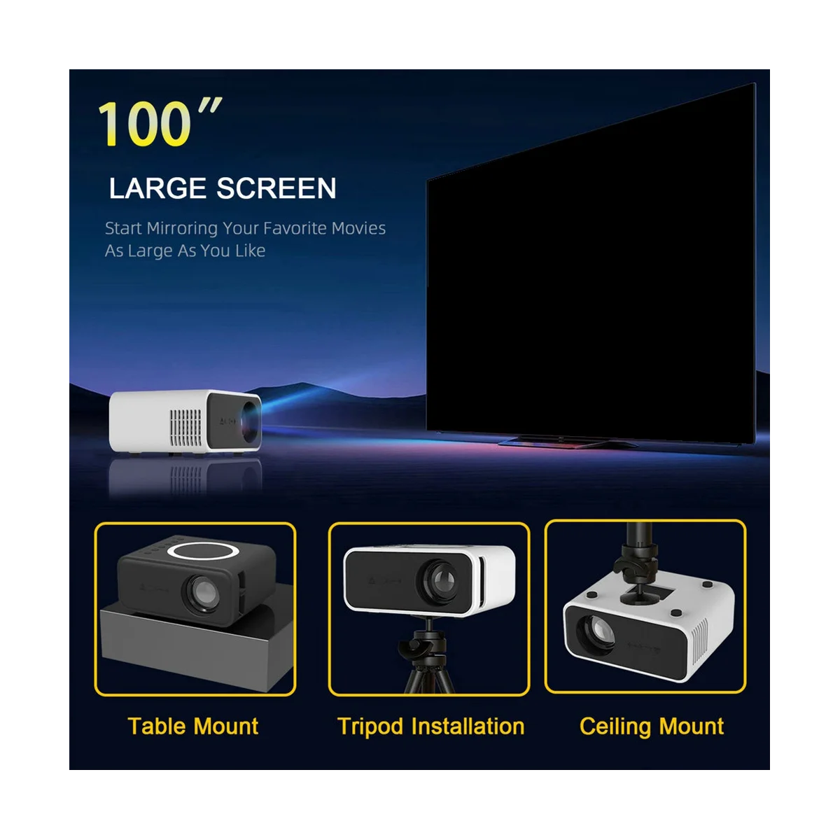 WiFi Mini Projector YT300 LED Projector 320X240 Portable Home Theater USB Wireless Sync Screen Supported 1080P-US Plug A