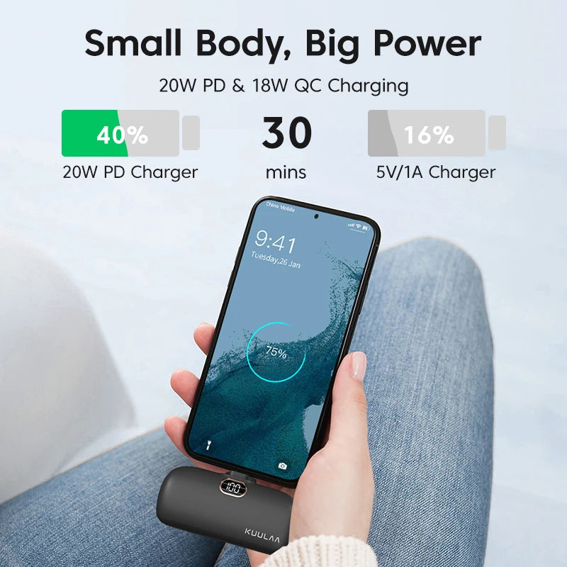 KUULAA Mini Power Bank 5000mAh - Fast Charging Portable Charger for iPhone & Android | Compact & High-Capacity"