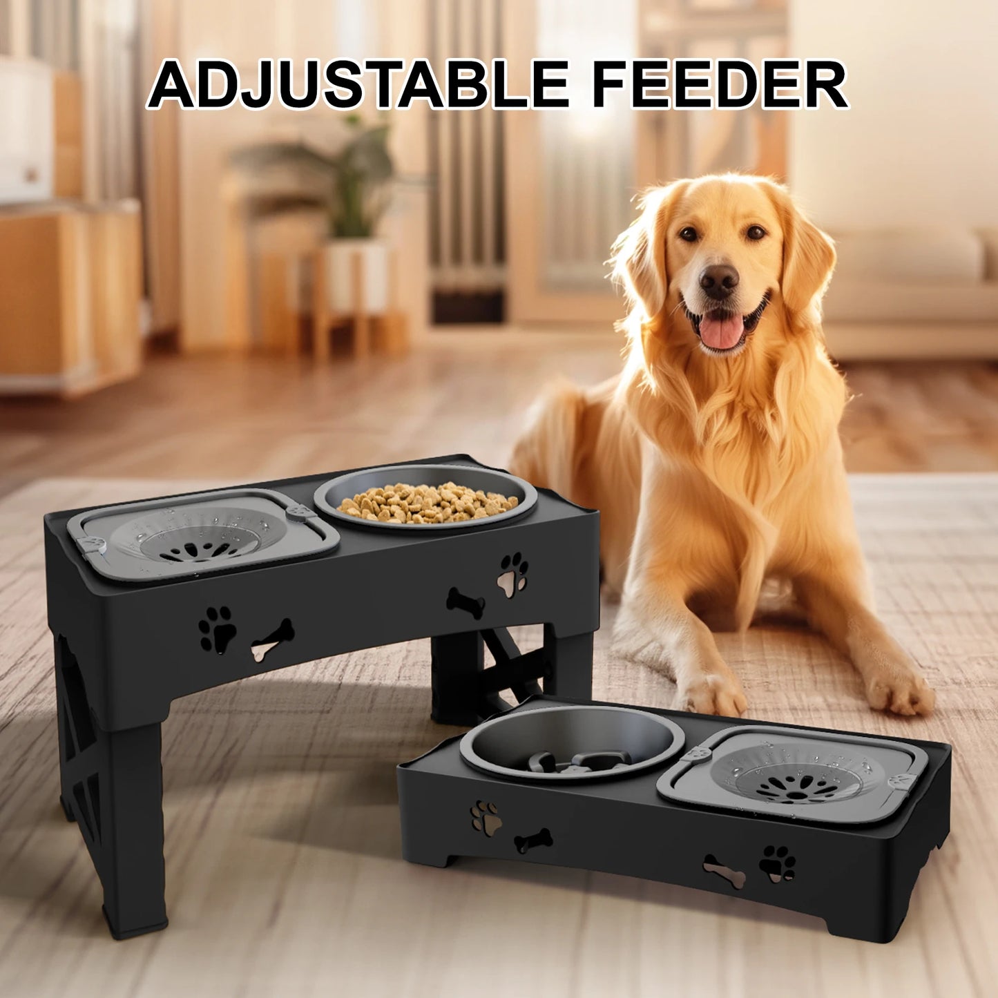 Dog Bowls Adjustable Raised Dog Bowl with Slow Feeder Dog Bowl and Dog Water Bowl Non-Spill for Dogs and Pets